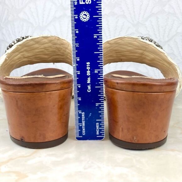 Jimmy Choo Granger Raffia-Wicker Heels Sandals Ivory Crystal Embellished Slides - Picture 9 of 13